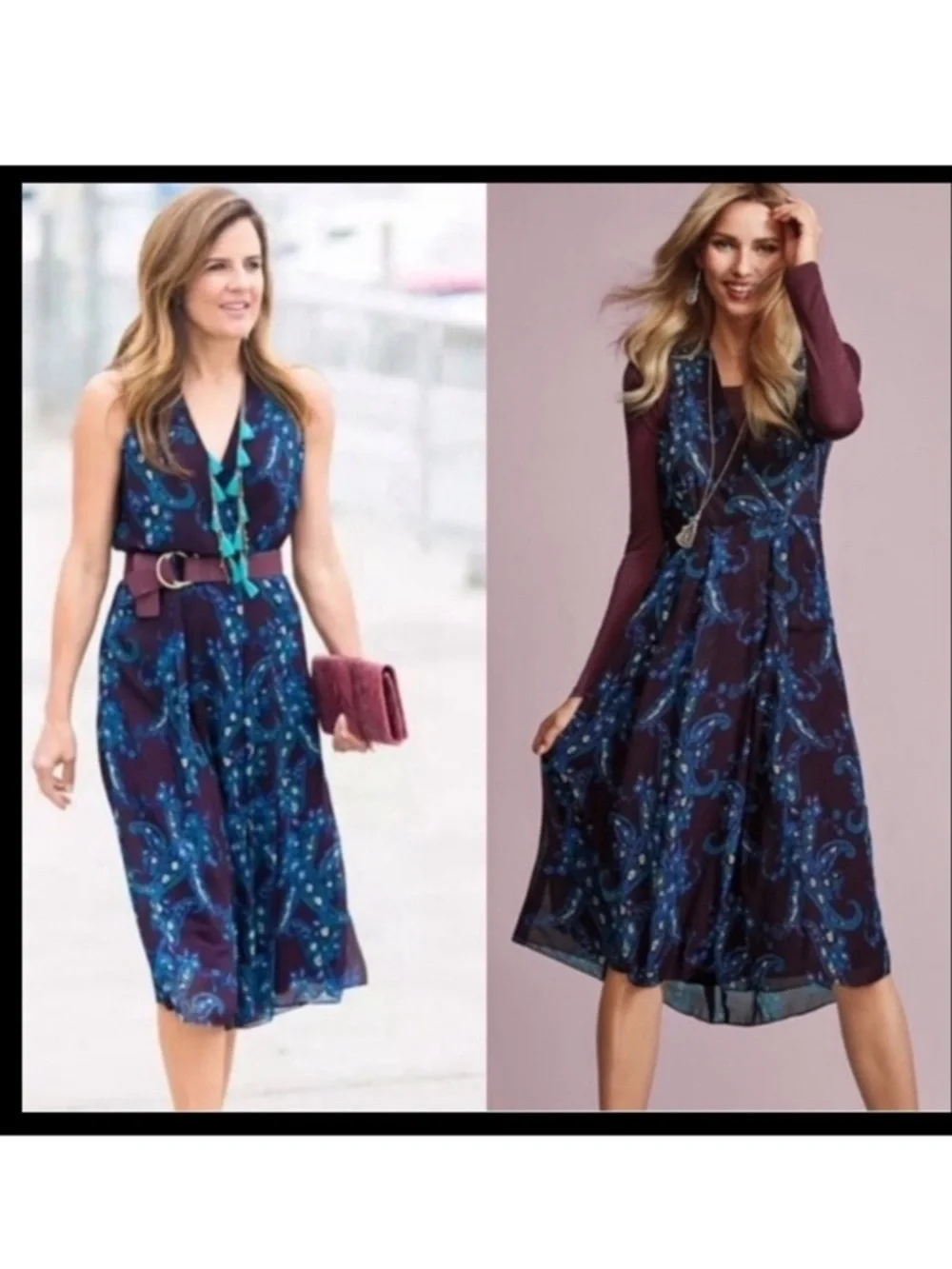 CAbi Treasure Paisley #3461 Floral Pocket Midi Dress Blue Plum Short Sleeve 12 - Picture 12 of 13